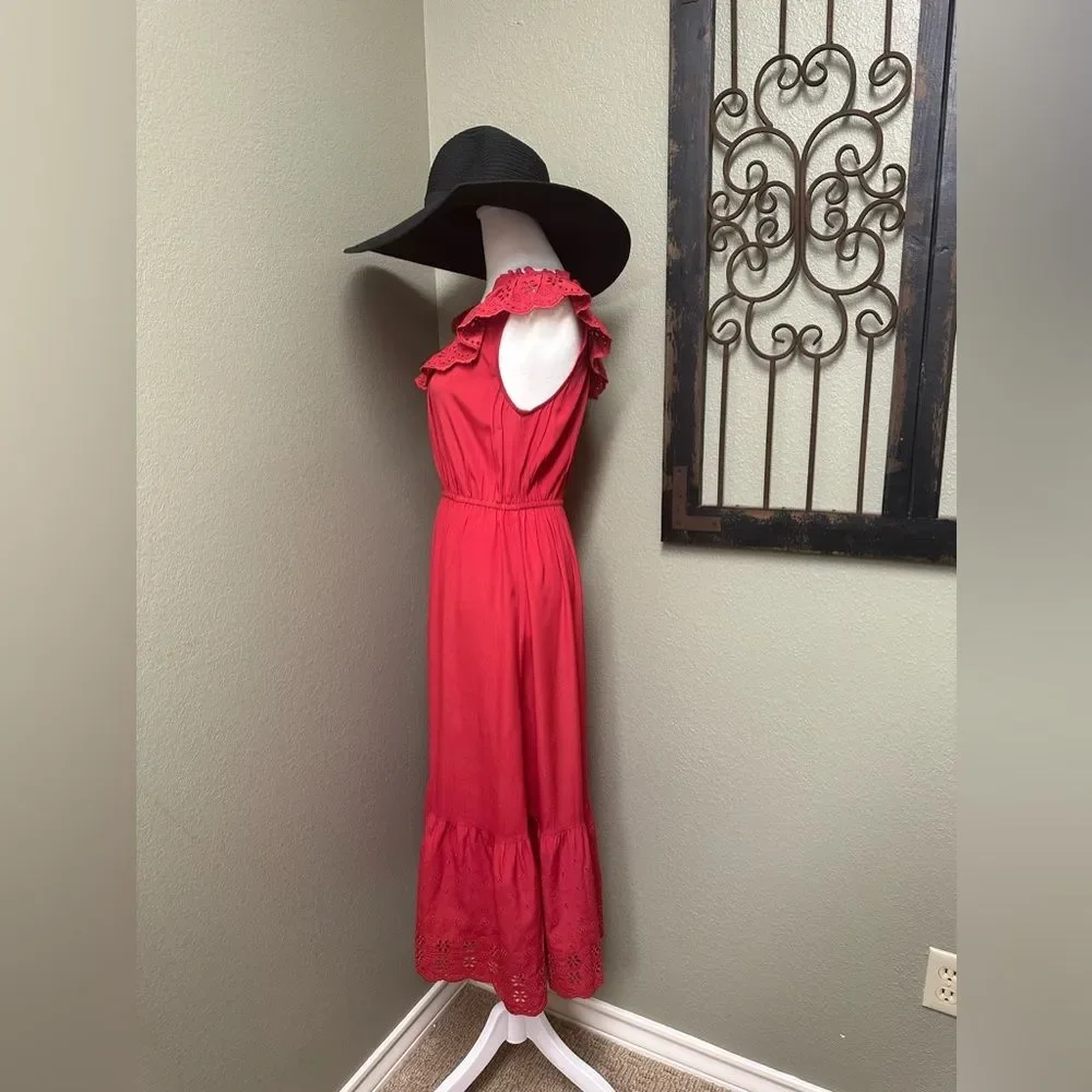 Coach sleeveless crimson eyelet ruffle elastic waist with pockets midi dress